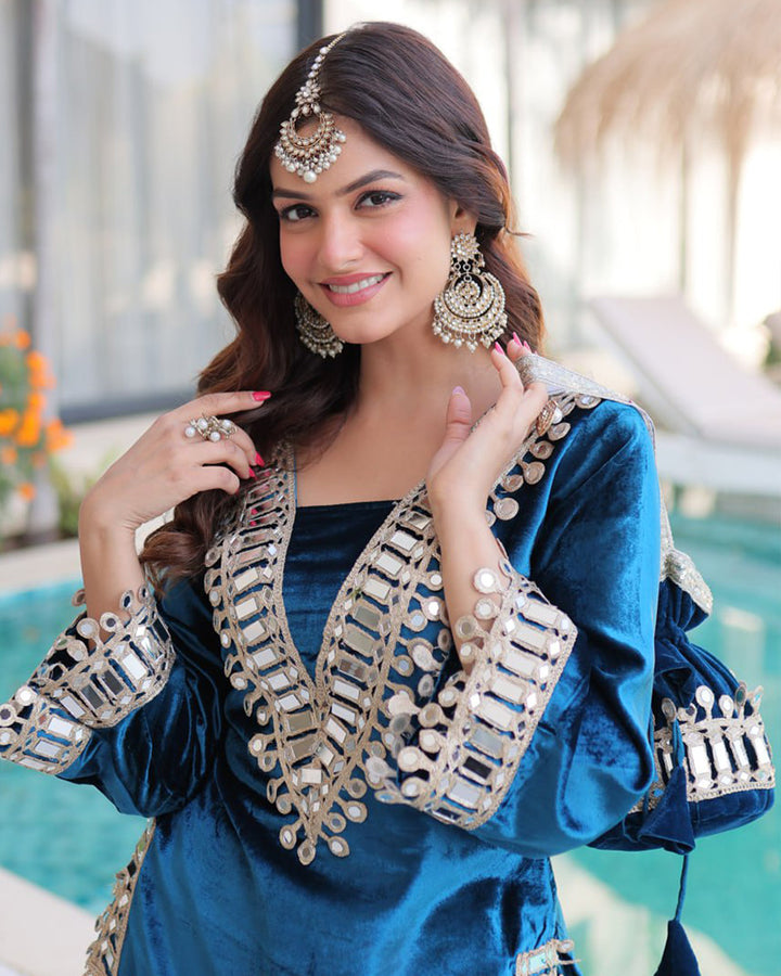 Peacock Blue Color Ice Velvet Embroidered Plazzo Suit