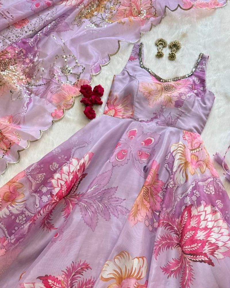 Luvender Color Digital Printed Soft Organza Anarkali Suit