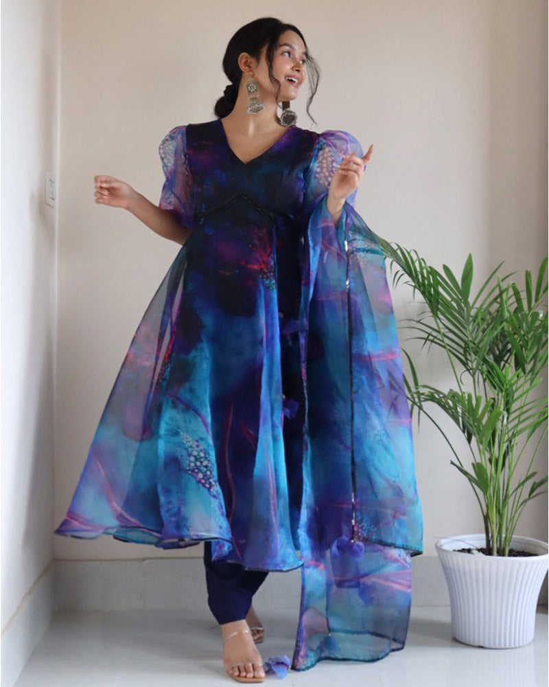 Blue Color Printed Soft Organza Anarkali Suit
