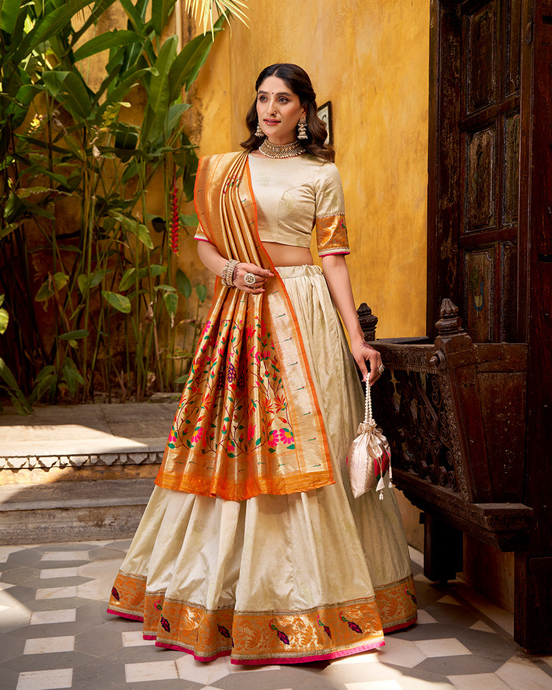 Off-White Color Paithani Silk Zari Weaving Lehenga Choli