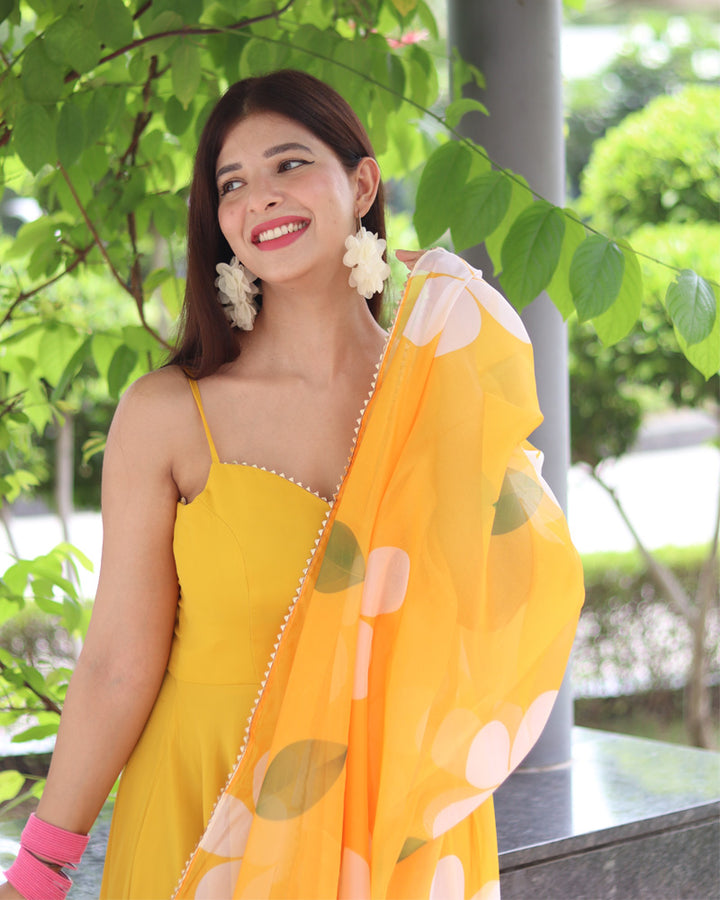 Mustard Yellow Color Soft Georgette Anarkali Gown With Floral Printed Dupatta