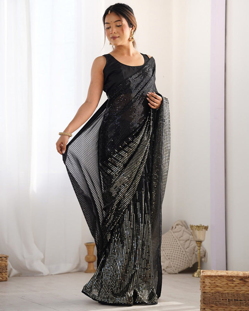 Black Color Heavy Georgette Embroidered Saree