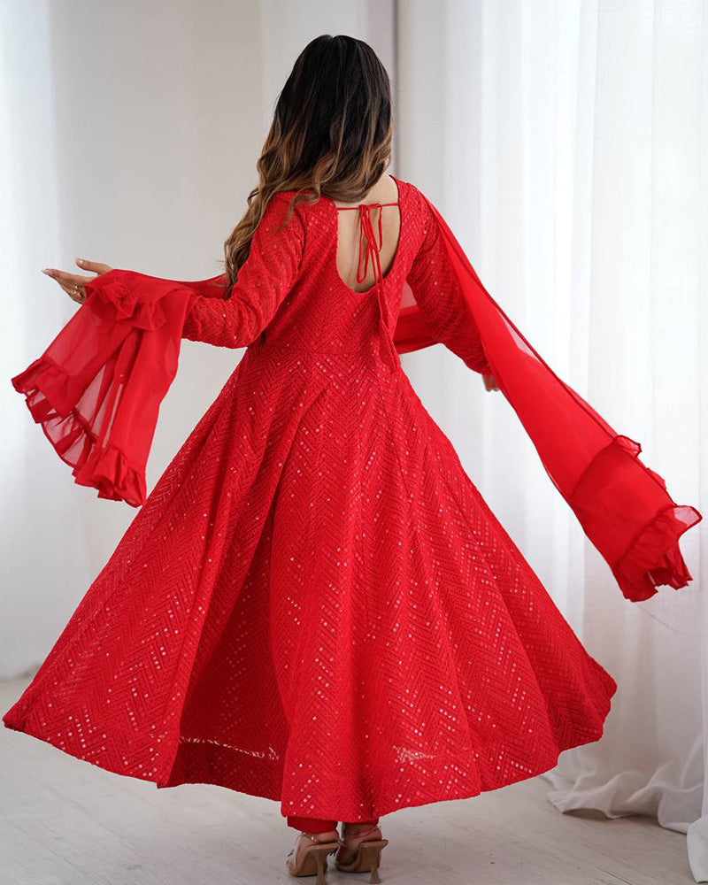 Designer Red Color Georgette Lucknowi Three Piece Anarkali Suit