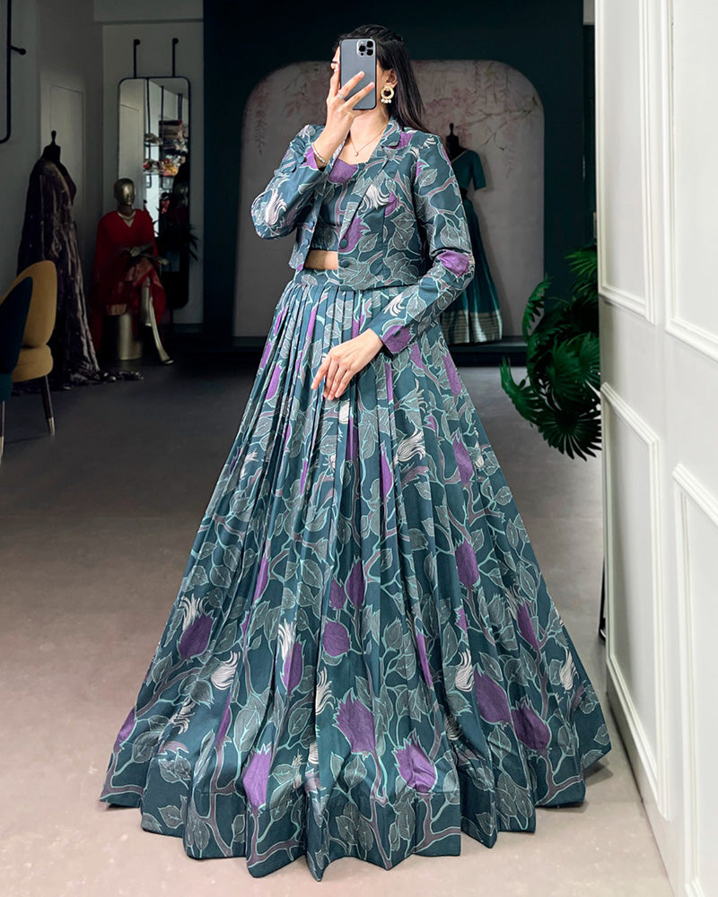 Teal Blue Color Tasar Silk Printed Lehenga Choli With Koti