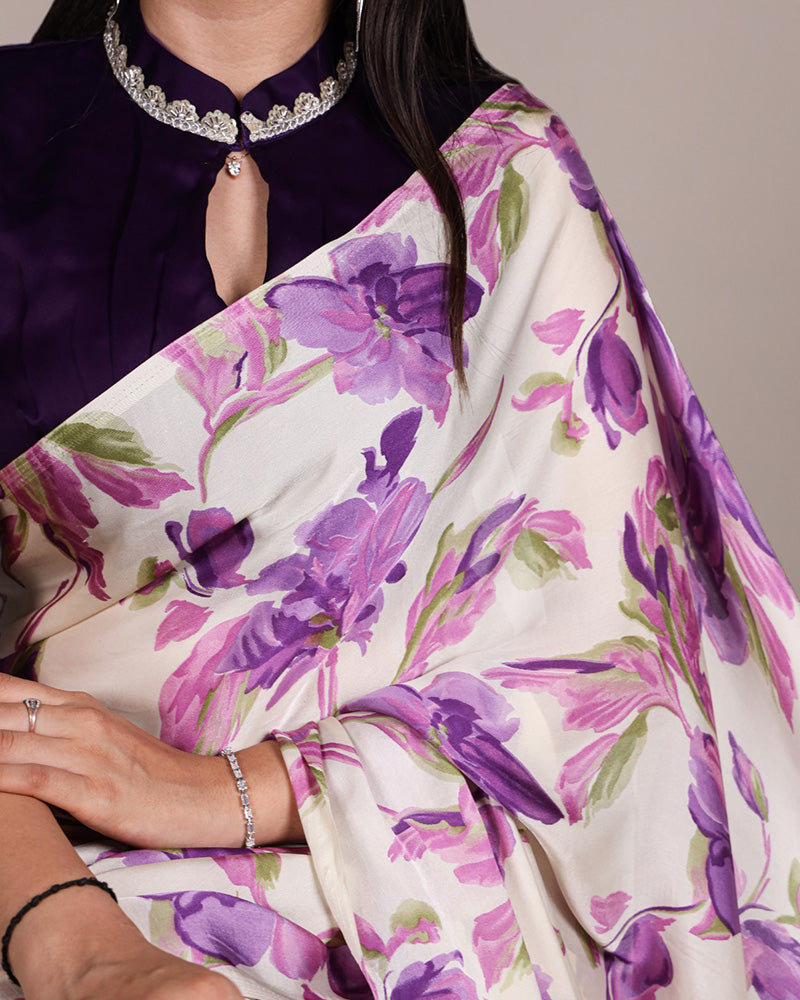 Purple Color Satin Silk Floral Printed Saree