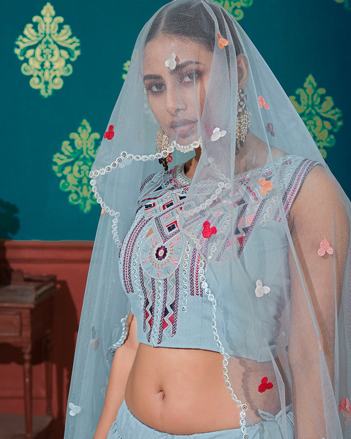 Sky Blue Color Thread Embroidered Cotton Semi Stitched Lehenga Choli