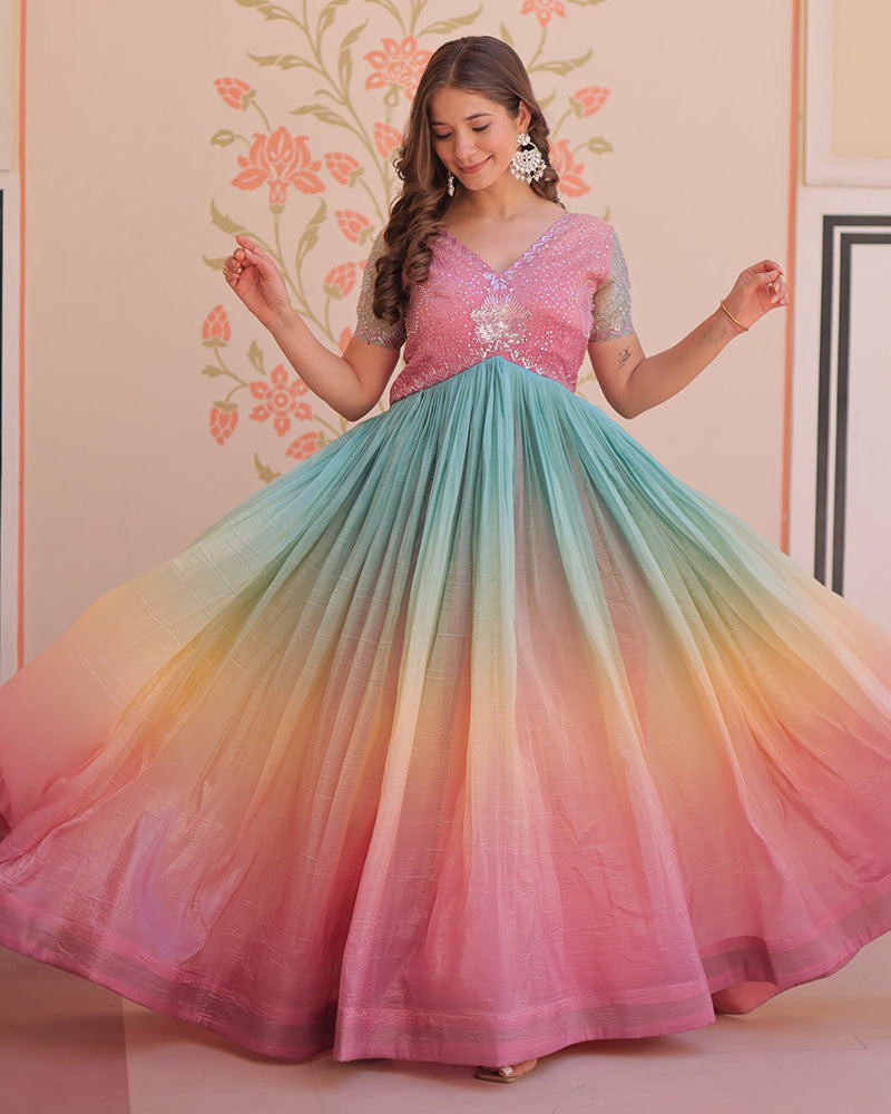 Puce pink Color Gold Crush Embroidered work Gown