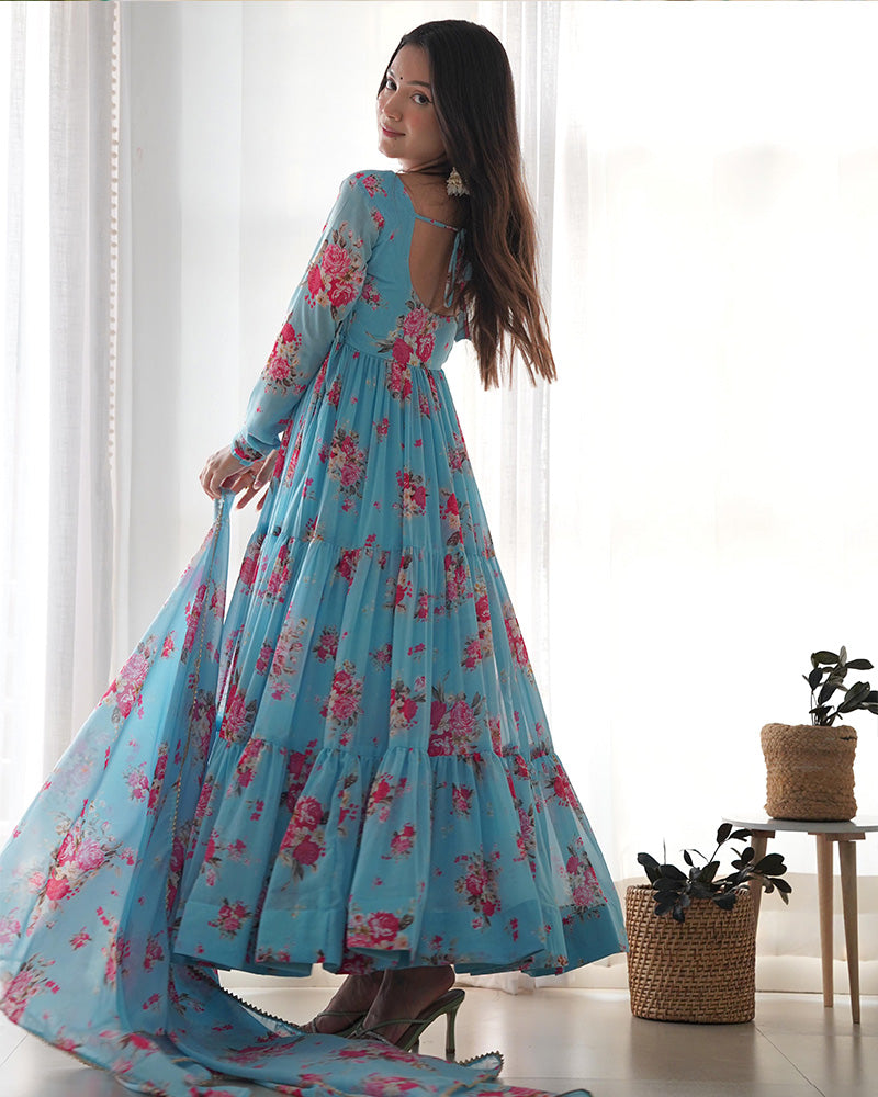 Sky Blue Color Georgette Three Layer Ruffle Style Anarkali Suit
