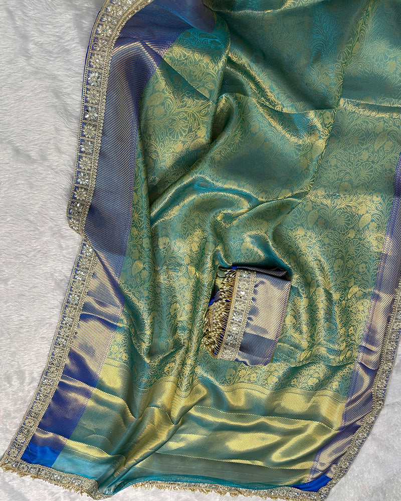 Morpich Color Banarasi Tissue Silk Zari Weaving Saree