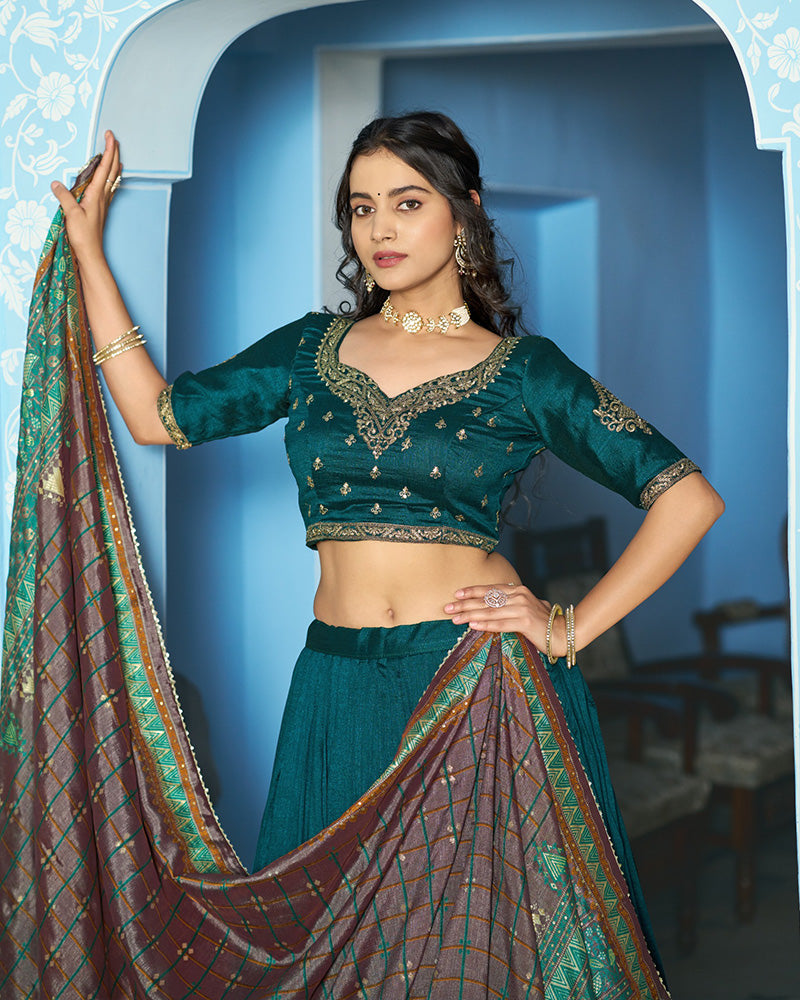 Elegant Teal Green Embroidered Vichitra Silk Lehenga Choli