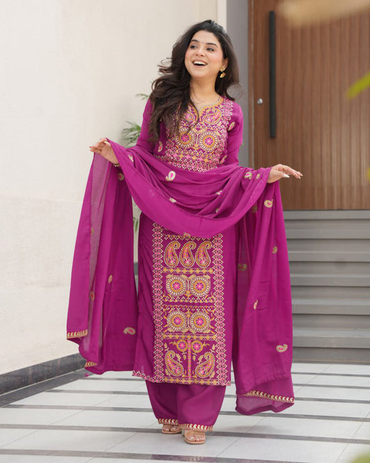 Magenta Color Chinon Embroidered Kurti Suit