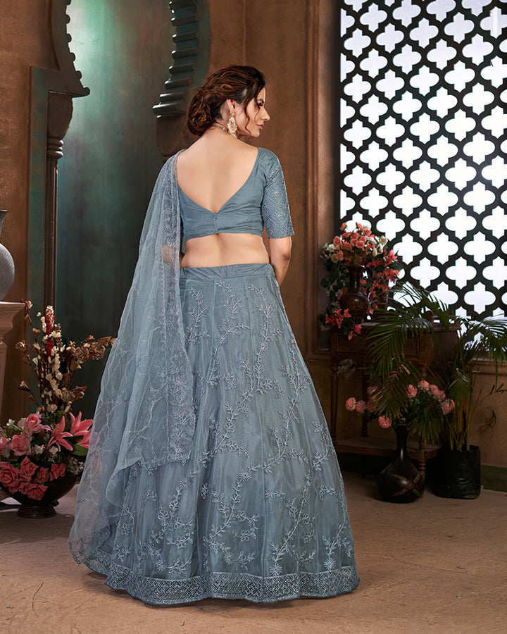 Grey Color Thread Embroidered Net Semi Stitched Lehenga Choli