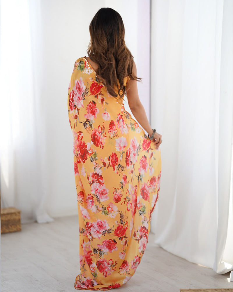 Yellow Color Chinnon Silk Mirror Work Saree