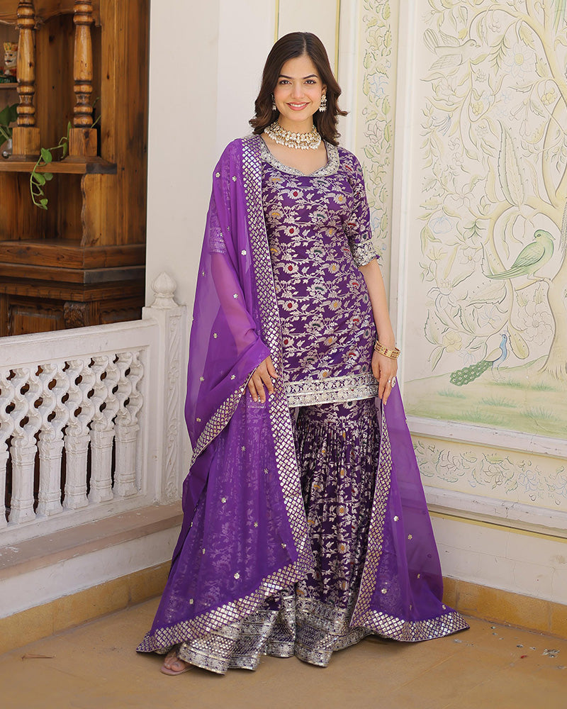Purple Color Viscose Jacquard Three Piece Gharara Suit