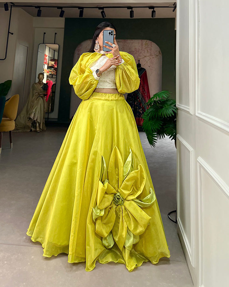 Rajwadi Chanderi Silk Two Color Fully Stitched Crop Top Lehenga Choli