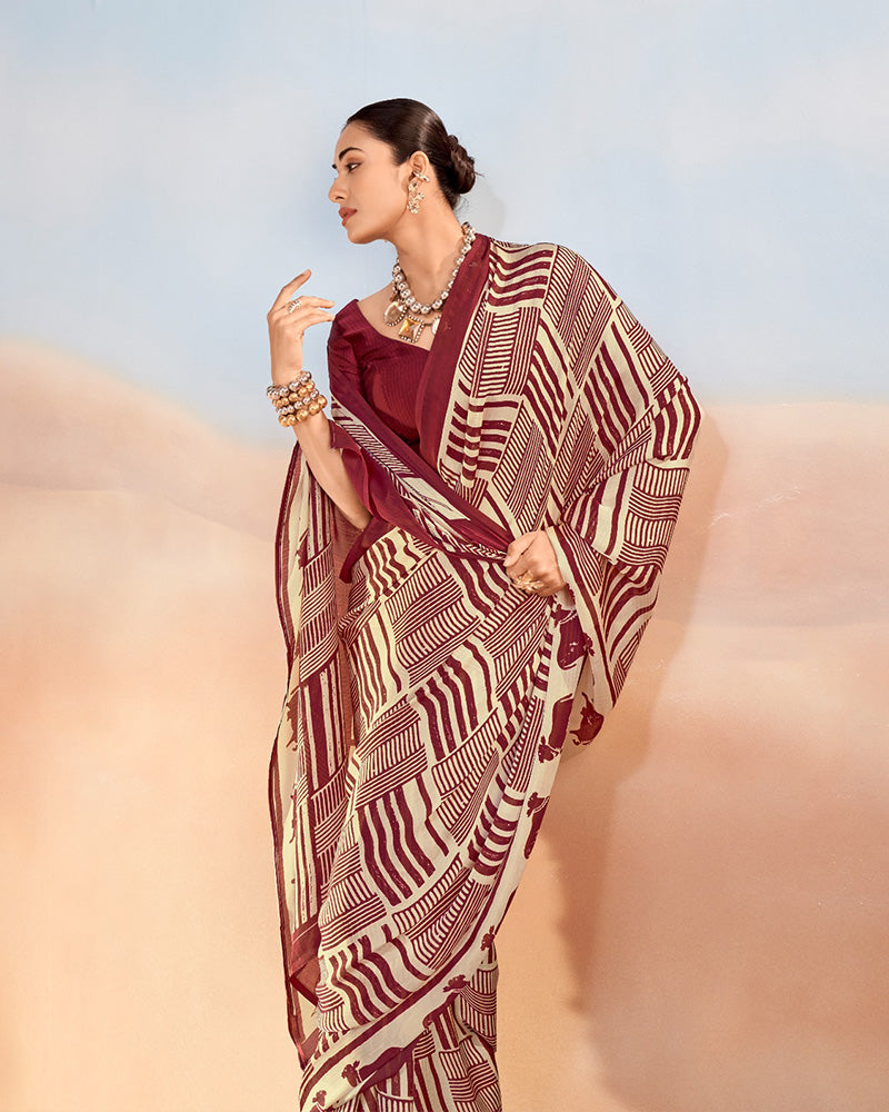 Maroon Color Satin Chiffon Printed Saree