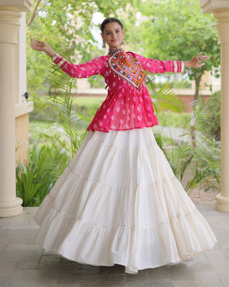 Rani Pink Color Bandhani Printed With Kora Cotton Navratri Lehenga Set