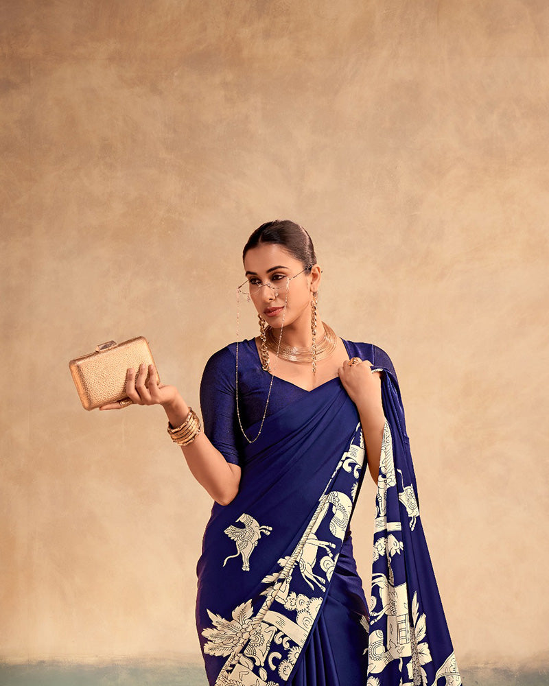 Navy Blue Color Satin Silk Kalamkari Printed Saree