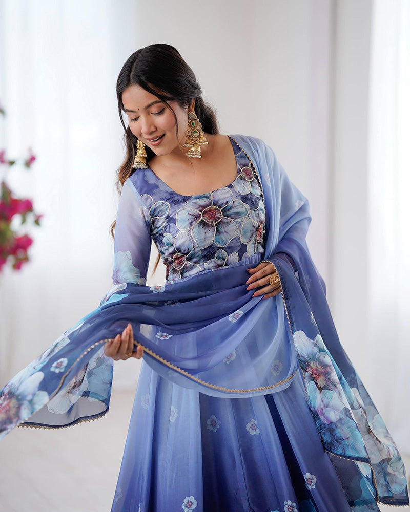 Navy Blue Floral Print Organza Three Piece Anarkali Suit