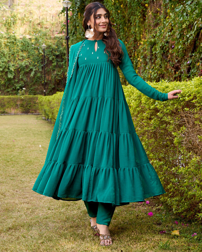 Teal Green Color Marble Three Piece Anarkali Suit