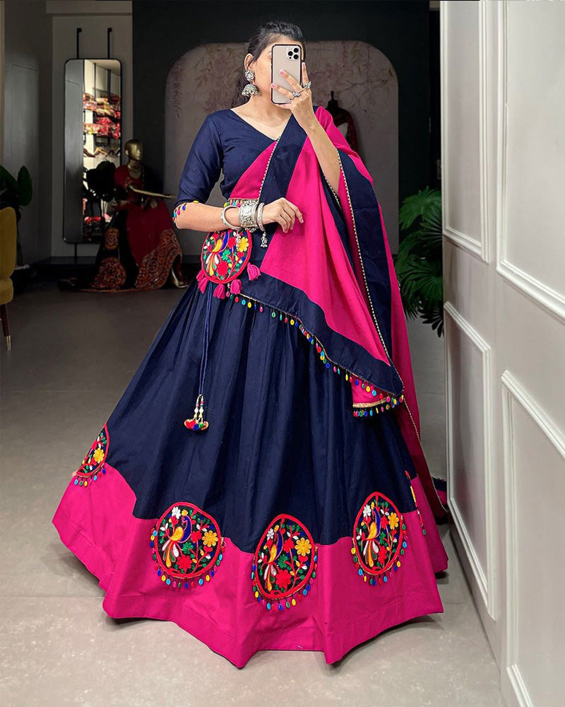 Navy Blue Color Pure Cotton Gamthi Work Navratri Lehenga Choli