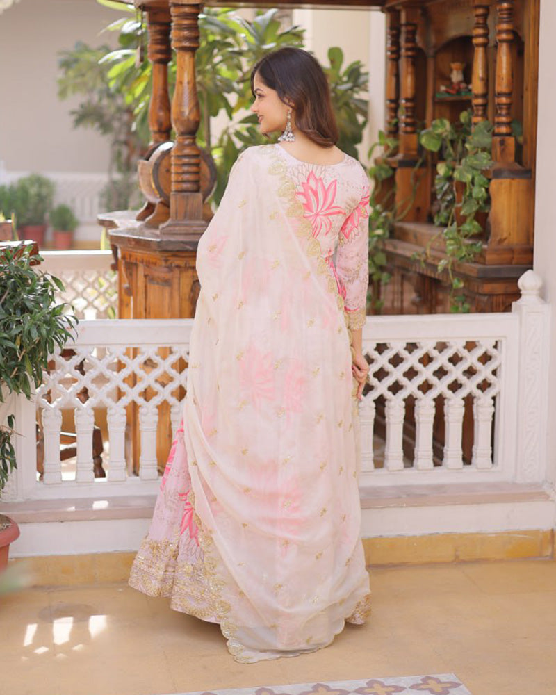 Baby Pink Color Russian Silk Embroidered Gown