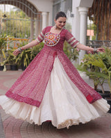 Maroon Color Bandhani Printed Kurti With Kora Cotton Lehenga