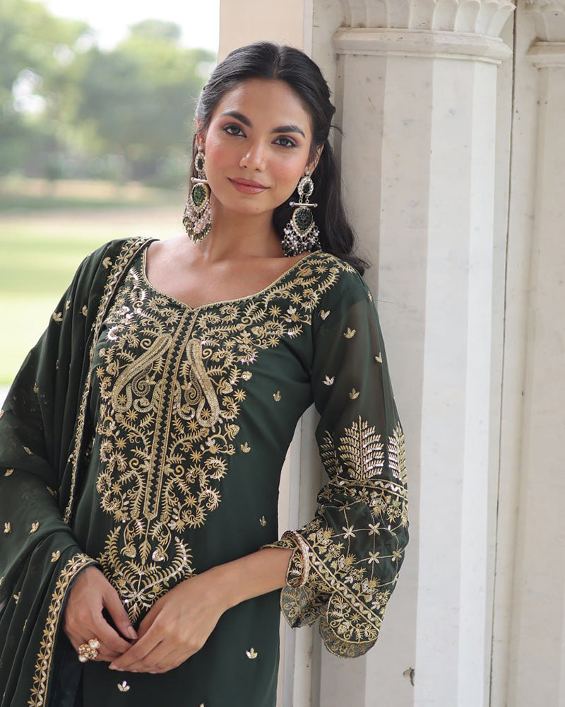 Mehndi Color Georgette Embroidered Three Piece Kurti Suit