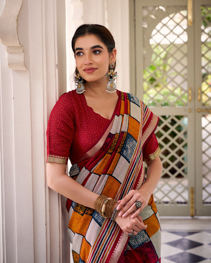 Maroon Color Polyester Chanderi Printed Saree