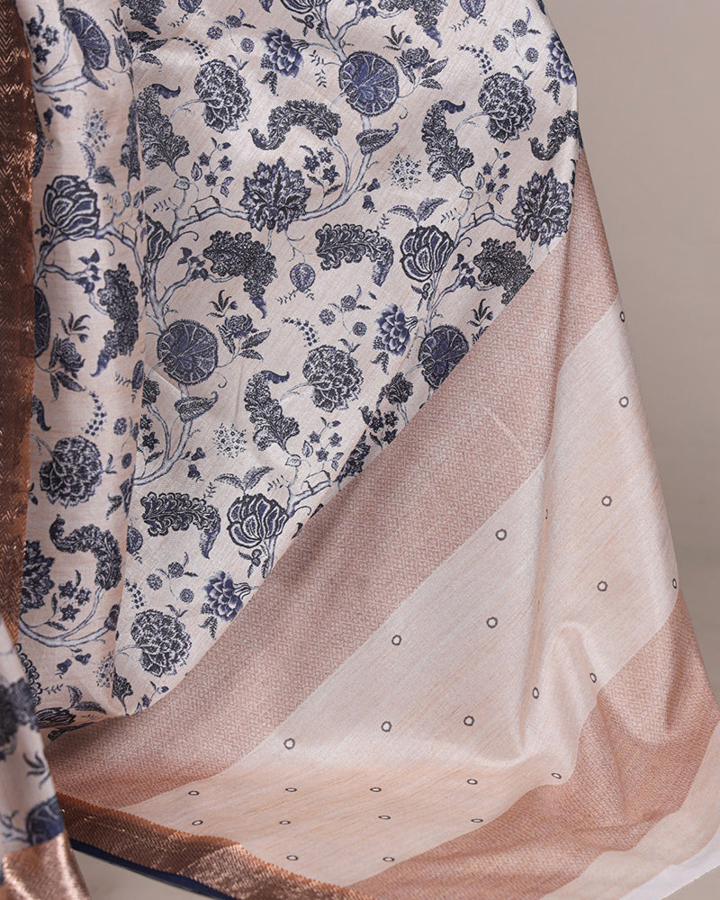 Off White Color Designer Tasar Silk Printed Saree