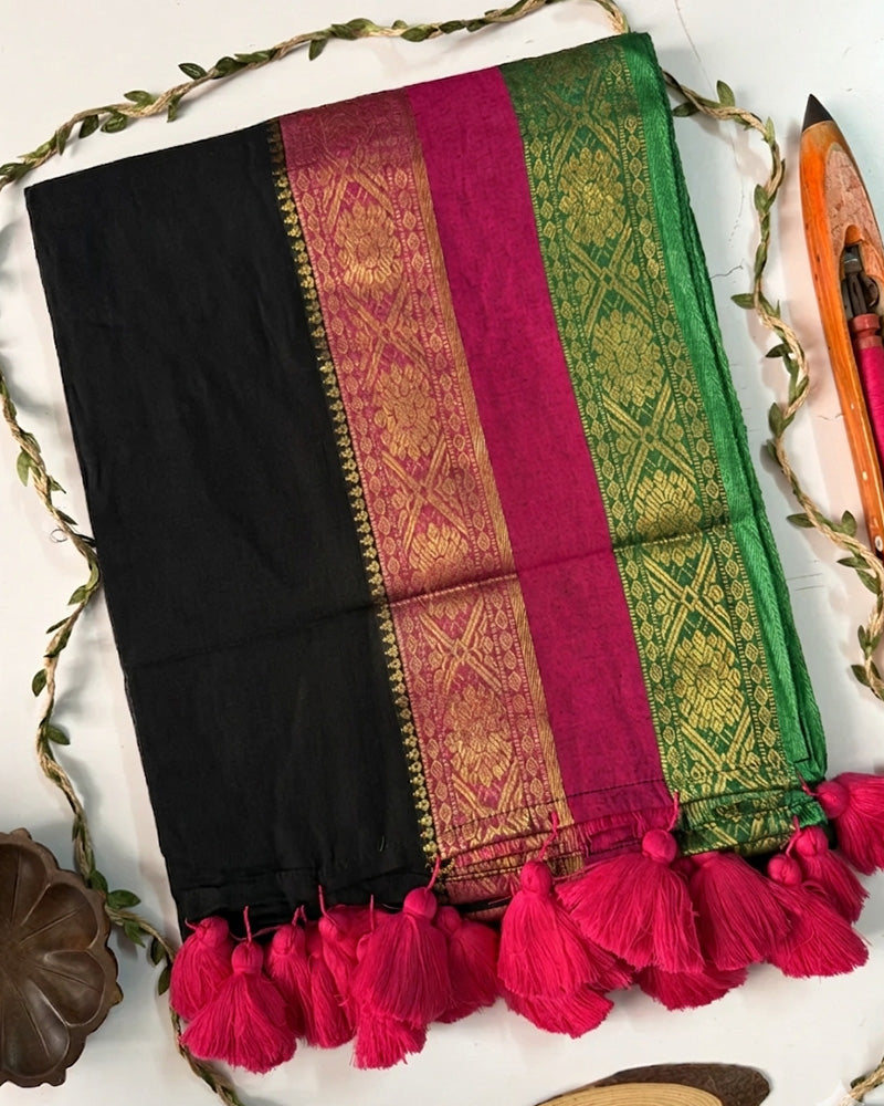 Elegance Black Color Mal Cotton Kanchivaram Saree