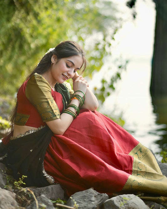 Soumya Sharma In Red Color Narayan Pattu Silk Designer Half Saree