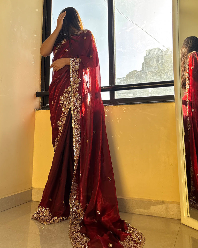 Maroon Color Space Silk Beads Embroidered Saree