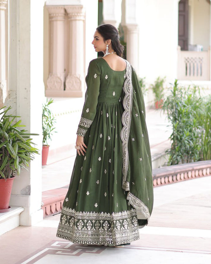 Olive Green Vichitra Silk Sequence Embroidered Gown