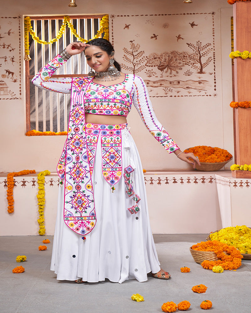 White Color Viscose Rayon Thread And Mirror Work Fully Stitched Navratri Lehenga Choli