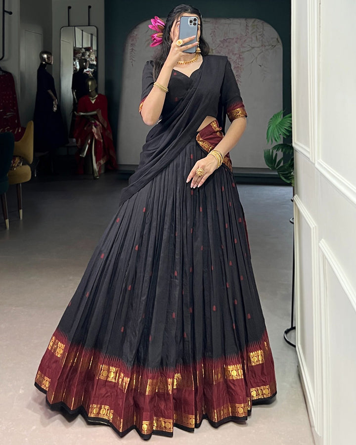 Elegant Black Pure Chanderi Half Saree With Zari Weaving