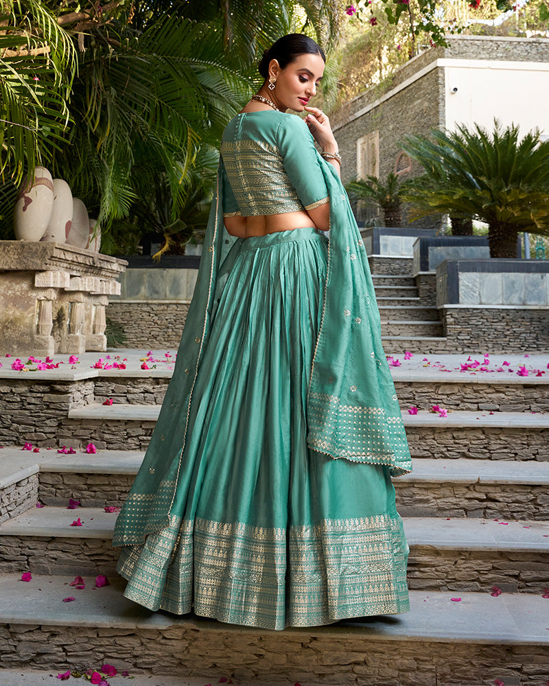 Sea Green Color Pure Chanderi Plain Navratri Half Saree