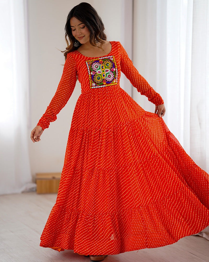 Orange Color Georgette Laheriya Print Navratri Gown
