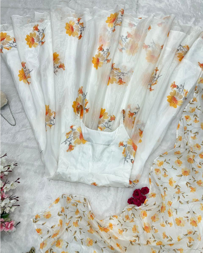 White Color Digital Printed Soft Organza Gown
