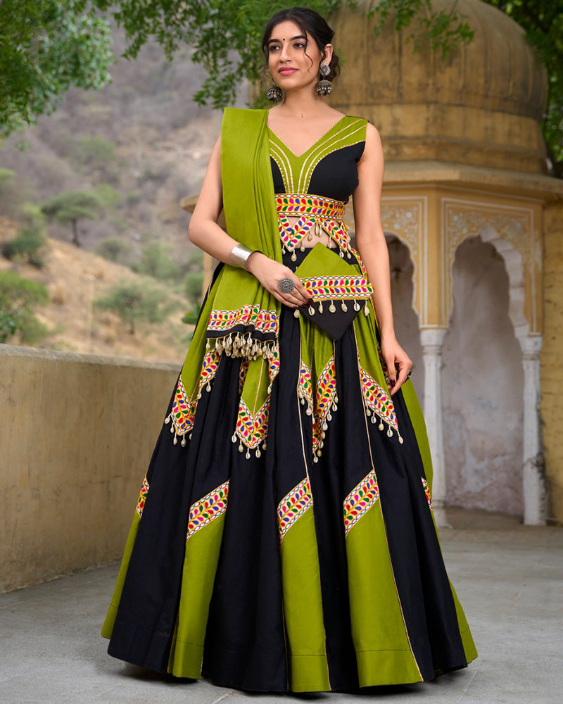 Parrot Green And Black Color Pure Cotton Navratri Lehenga Choli