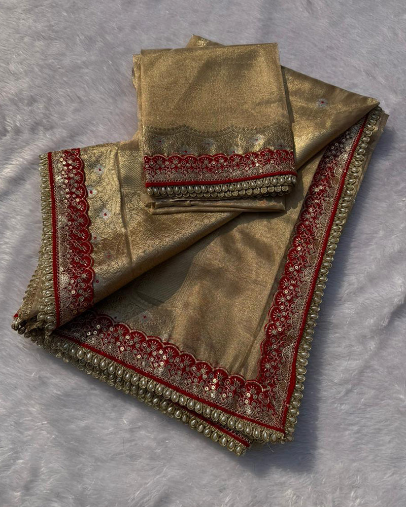 Cream Color Banarasi Tissue Silk Organza Saree