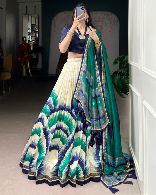 Navy Blue Color Tasar Silk Dye Printed Lehenga Choli