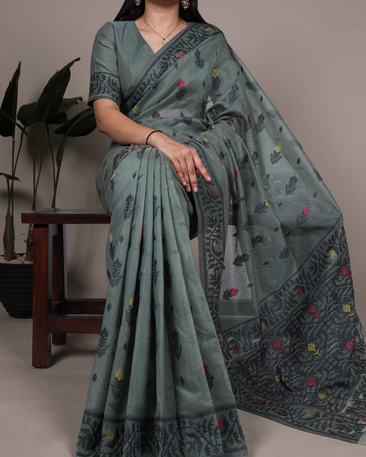 Dark Firozi Color Thread Weaving Poly Cotton Saree