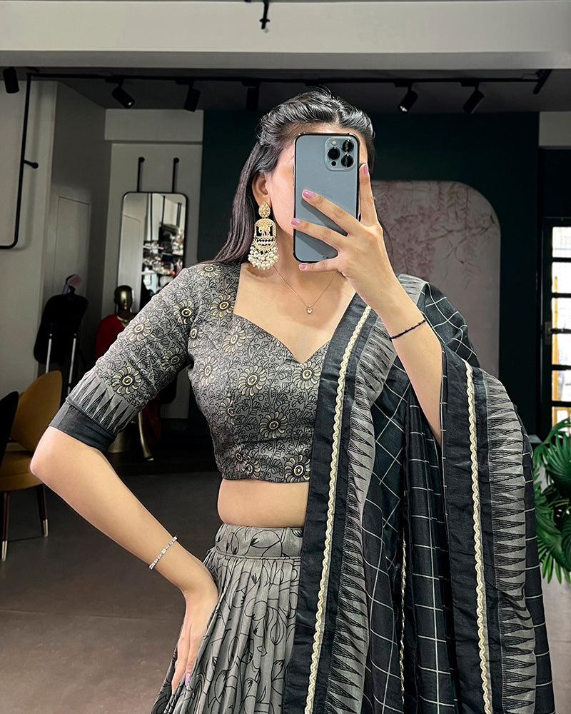 Grey Color Tasar Silk Kalamkari Printed Lehenga Choli