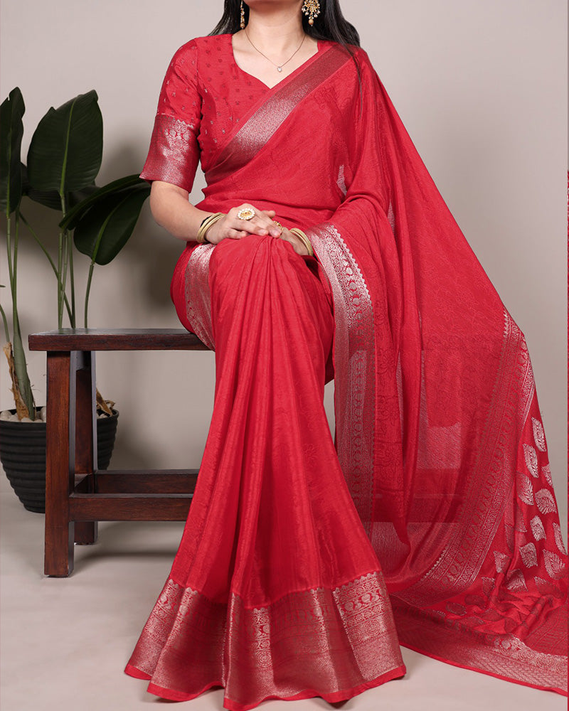Red Color Chinon Self Printed Saree
