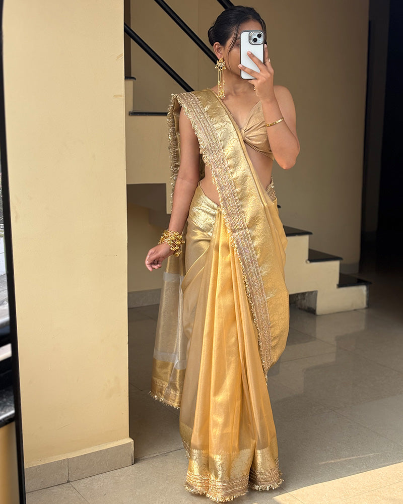 Cream Color Banarasi Organza Tissue Silk Saree