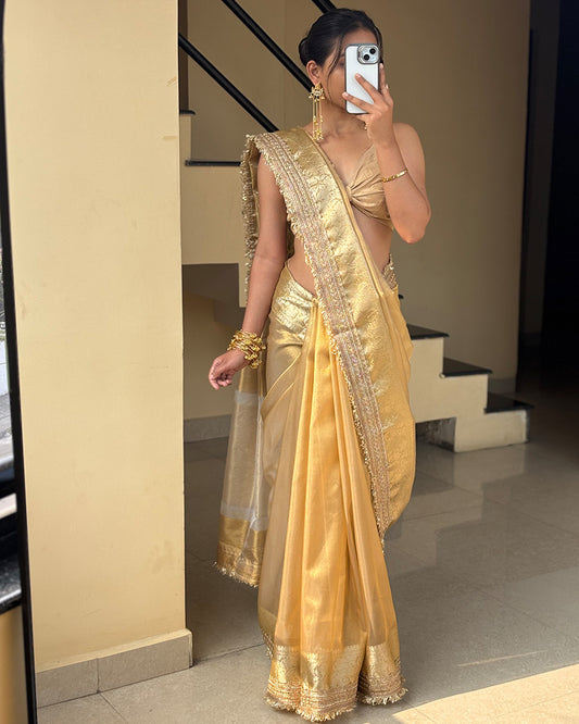 Cream Color Banarasi Organza Tissue Silk Saree