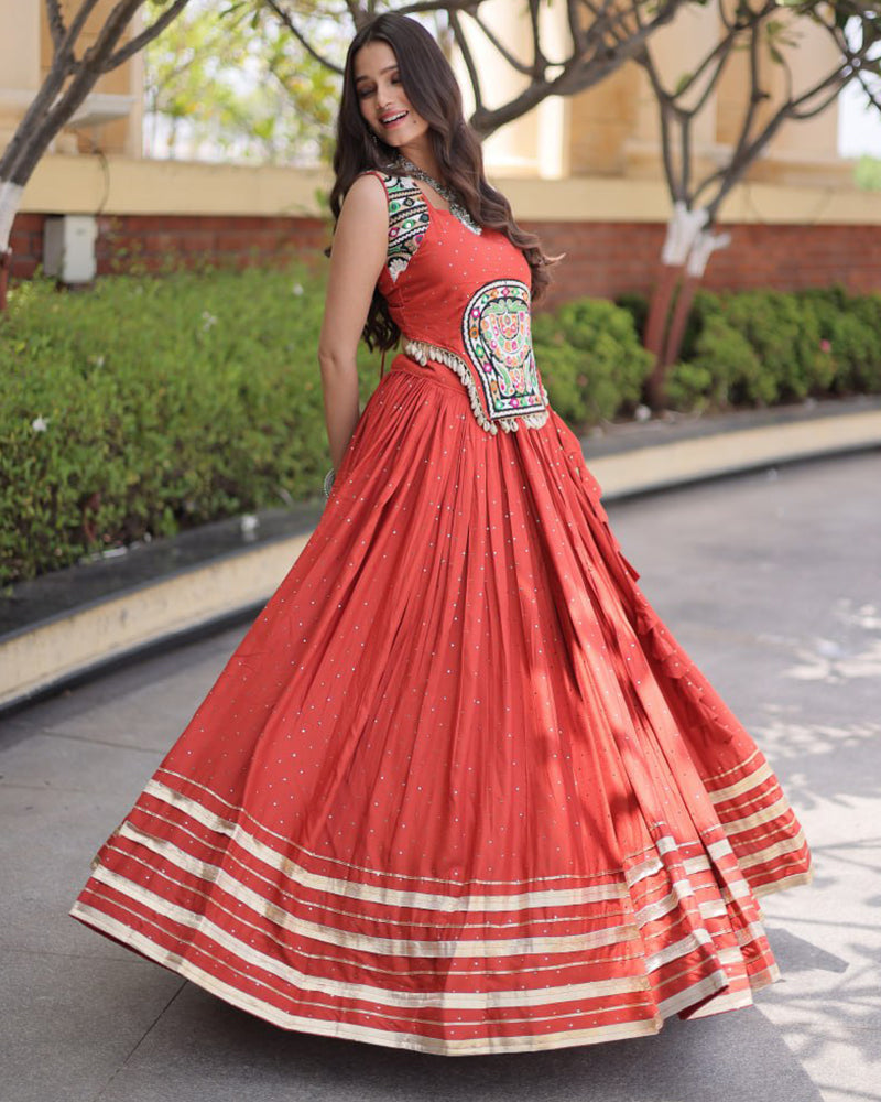Six Color Rayon Mukesh-work With Patti Lace Navratri Lehenga Set