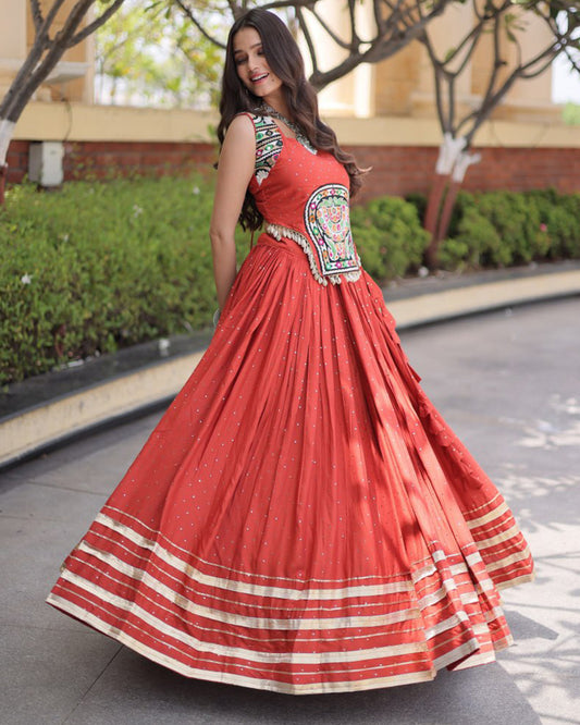 Six Color Rayon Mukesh-work With Patti Lace Navratri Lehenga Set
