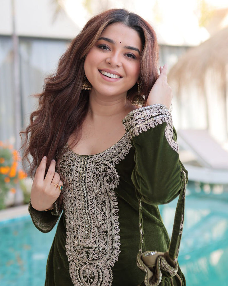 Mehndi Color Velvet Embroidered Kurti Suit